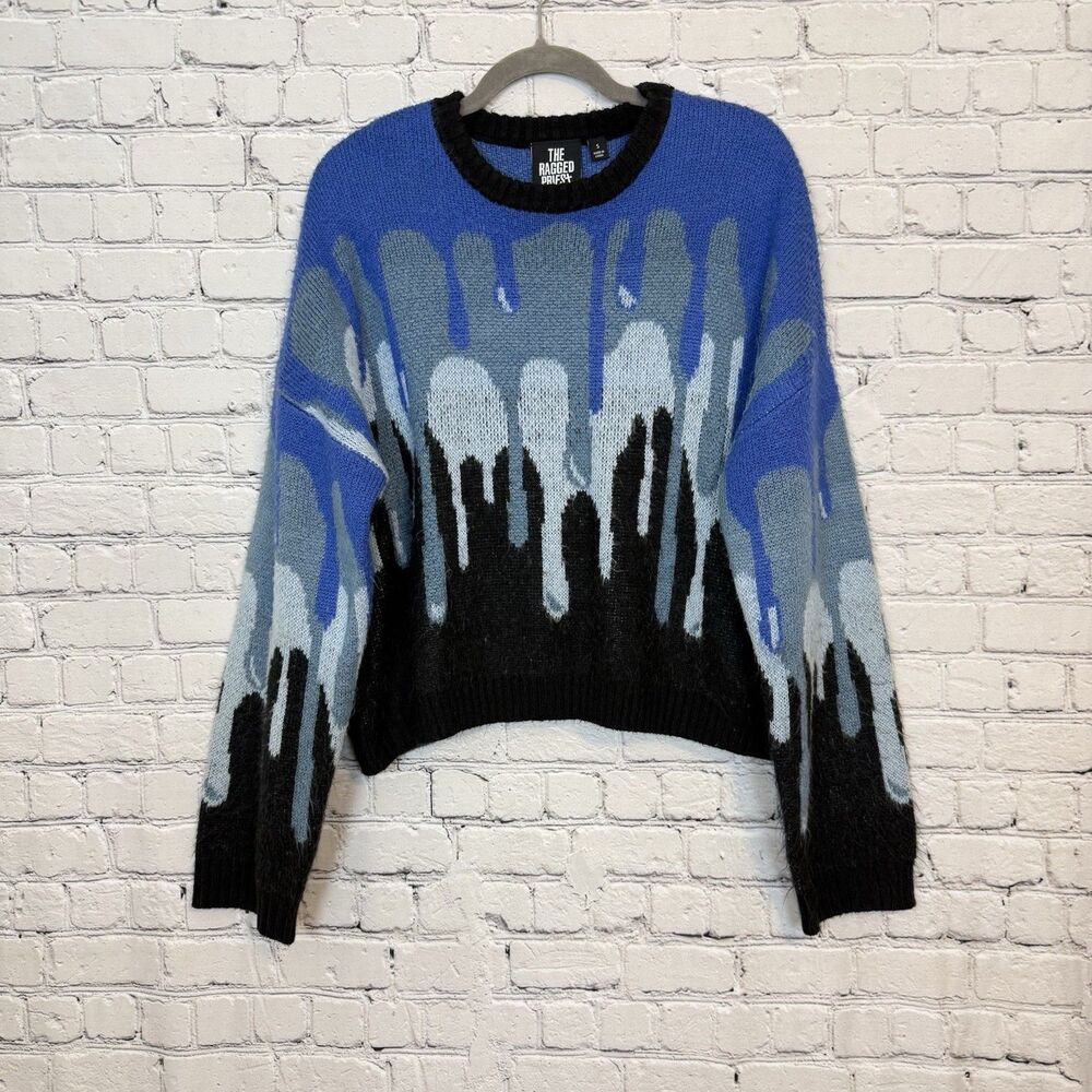 The Ragged Priest Abstract Drip Knit Sweater Blue Black Crew Neck Size S Grunge